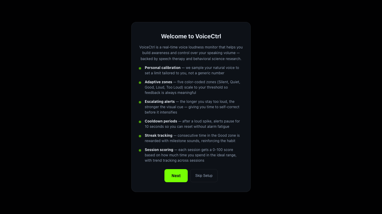 VoiceCtrl welcome and calibration screen