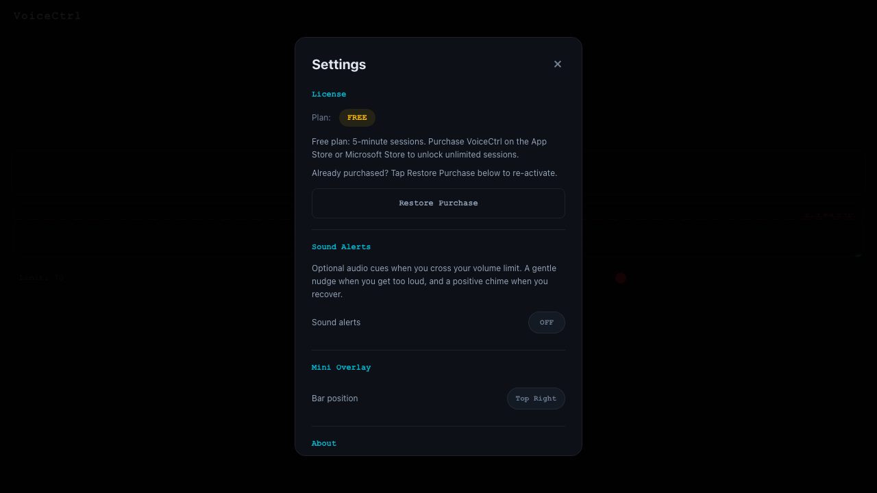 VoiceCtrl Settings modal showing license, sound alerts and mini overlay options